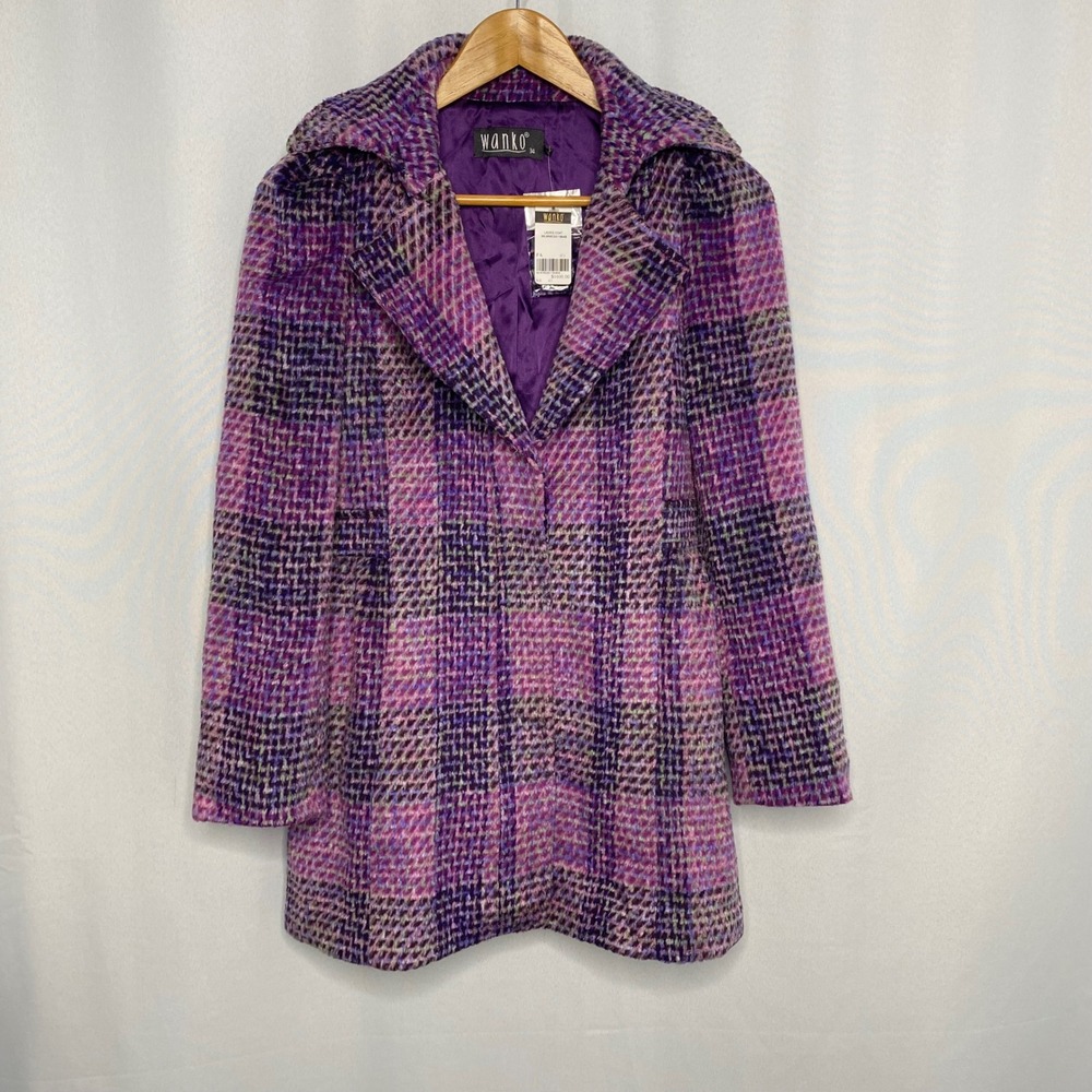 Wanko Purple Pink Plaid Wool Blend Button Coat Womens Small NEW Preppy Retro